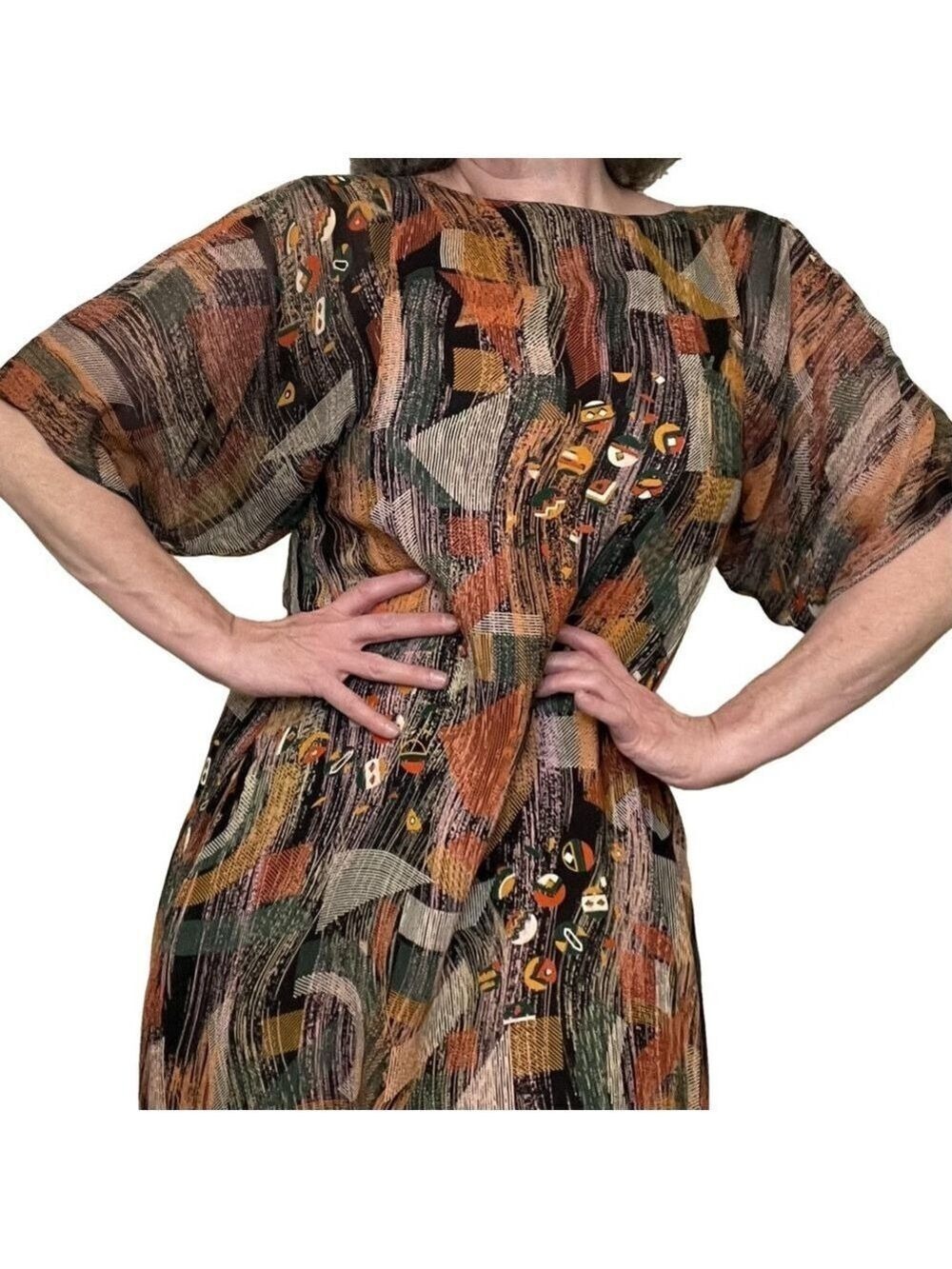 Stephen Burrows Vintage Multicolor Chiffon Shift Dress Short Sleeve Rare 70s, 8